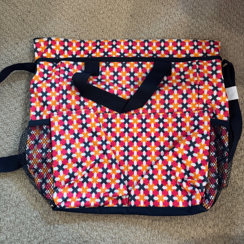 Thirty-One Cross Pop Zip-Top Utility Tote Navy Orange‎ Geometric Shoulder Bag